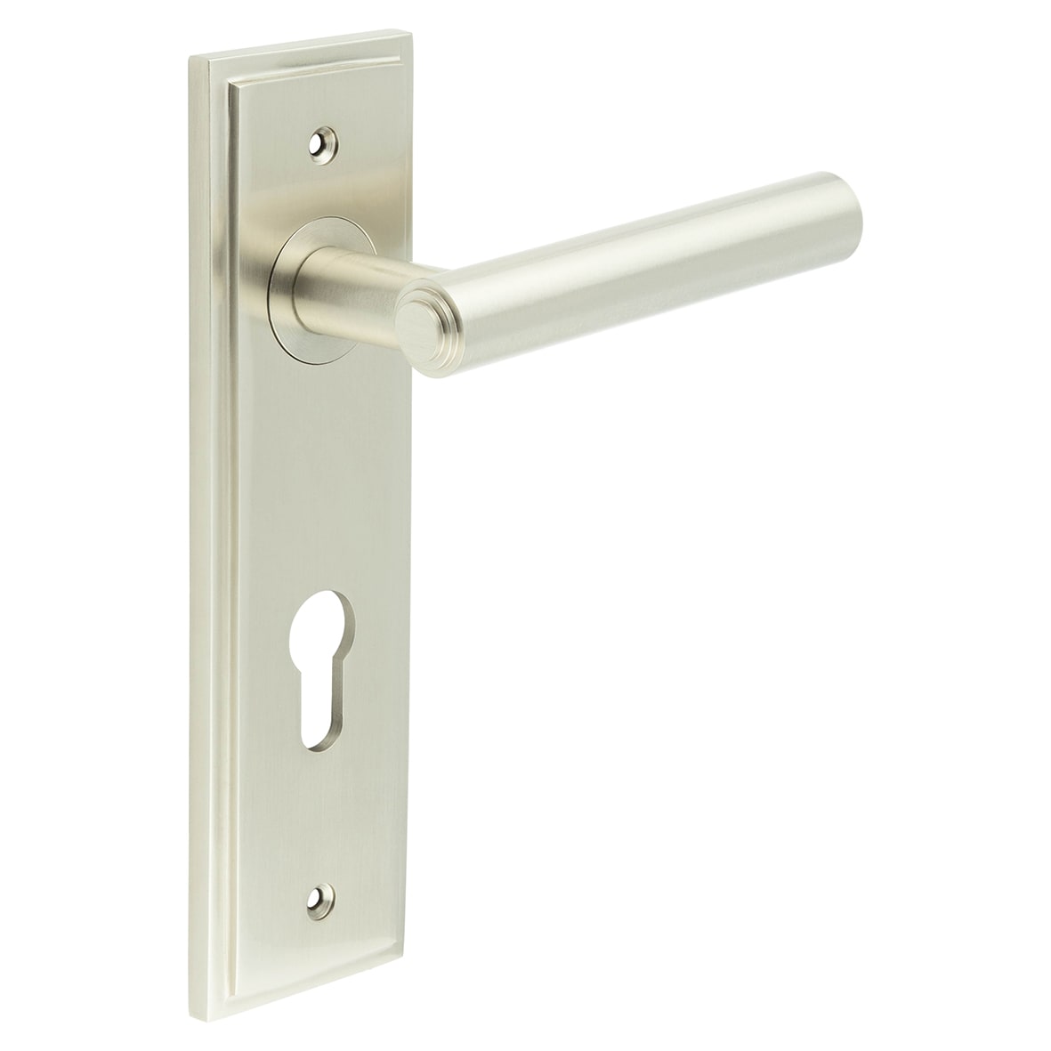Satin Nickel Fire Rated DIN Euro Lock Door Handles - Richmond - 200 x 55mm