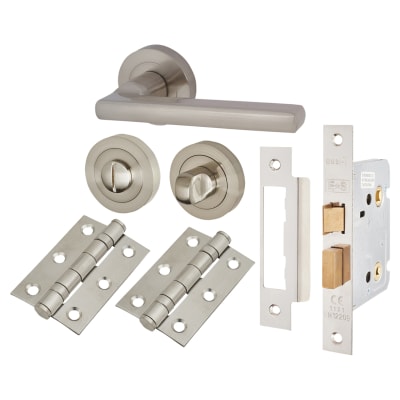 Satin Nickel Bathroom Lock Door Handles on Rose Pack - Sophia Range