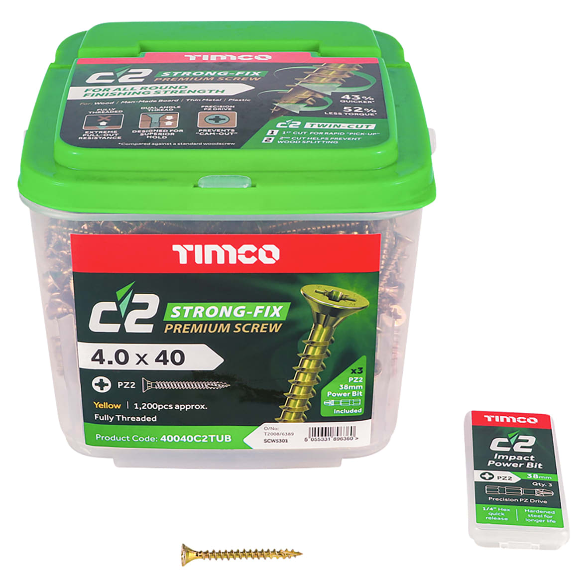 C2 Strong-Fix Pozi Double Countersunk Twin-Cut Wood Screws Tub - 4.0 x 40mm - Pack of 1200