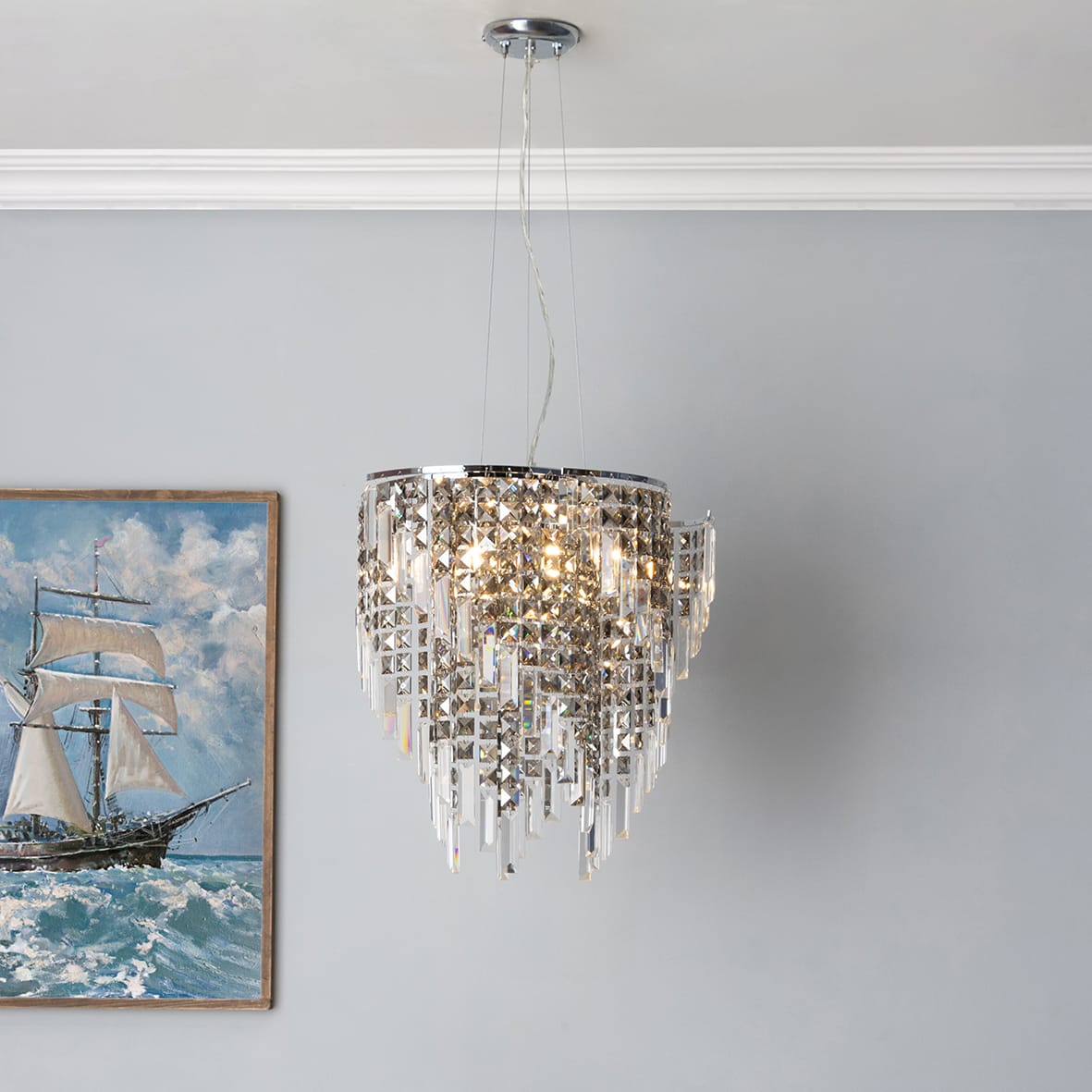 Esme 3 Light Chandelier Ceiling Light - Polished Chrome Fittings with Crystal Droplets