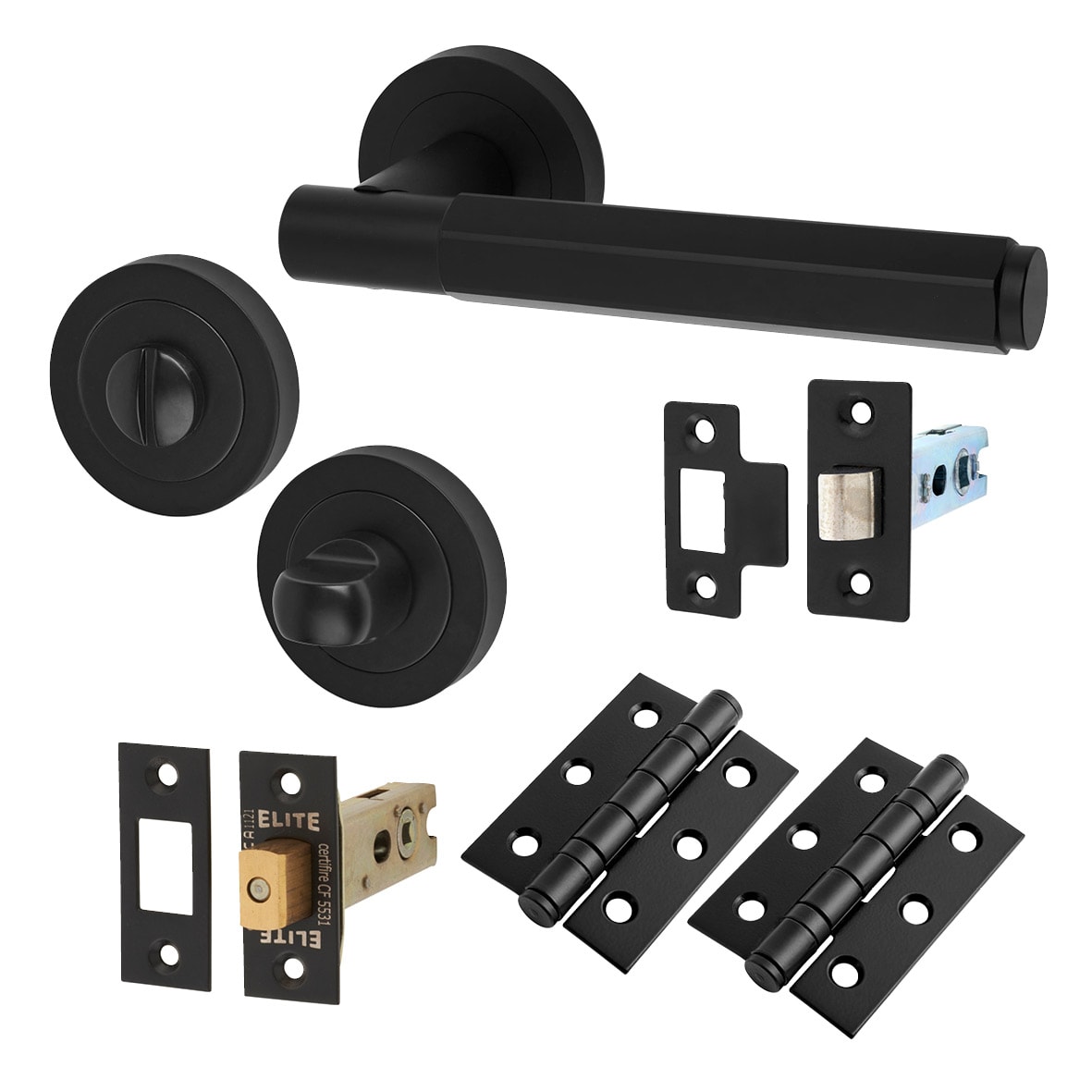 Matt Black Hexagonal Bathroom Deadbolt Lock Door Handles on Rose Pack - Juno Range