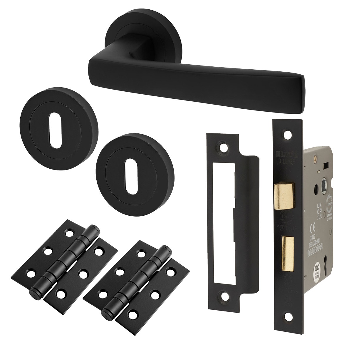 Matt Black 3 Lever Sashlock Door Handles on Rose Pack - Ivy Range