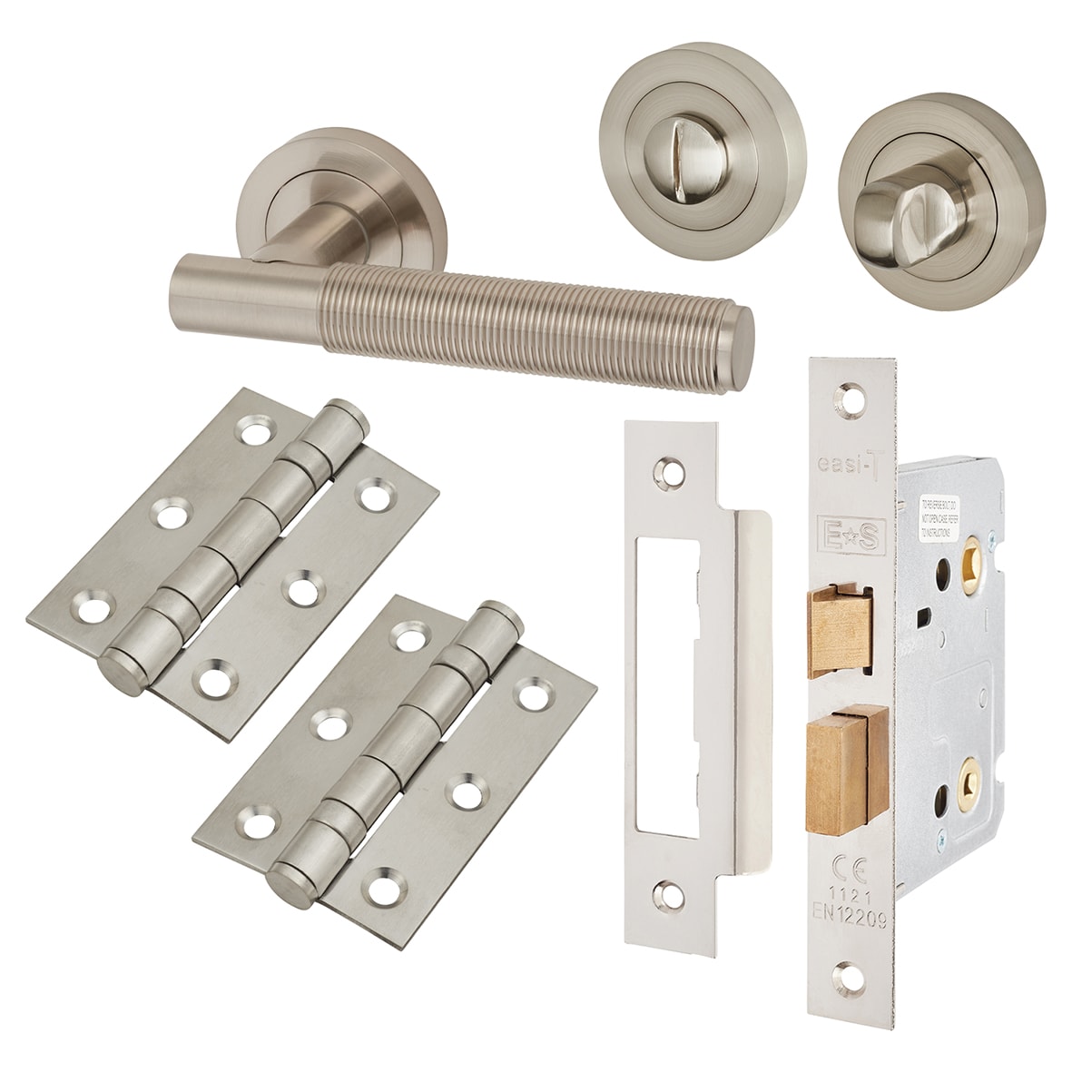 Satin Nickel Reeded Bathroom Lock Door Handles Pack - Lily Range