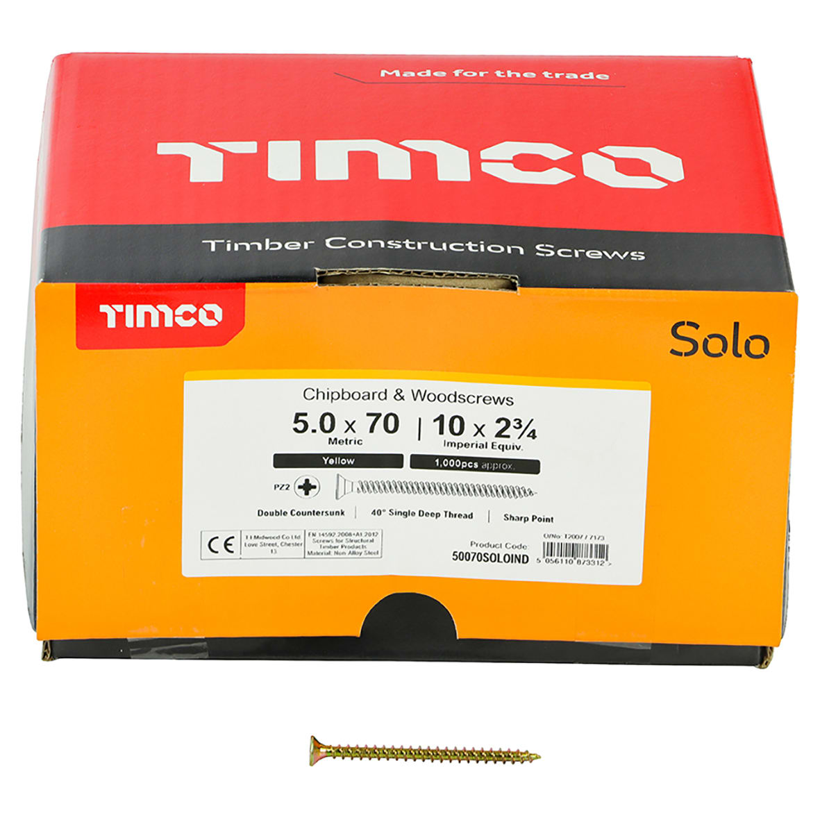 Solo Chippy Pozi Countersunk Wood Screws - 5.0 x 70mm - Yellow Zinc - Pack of 1000