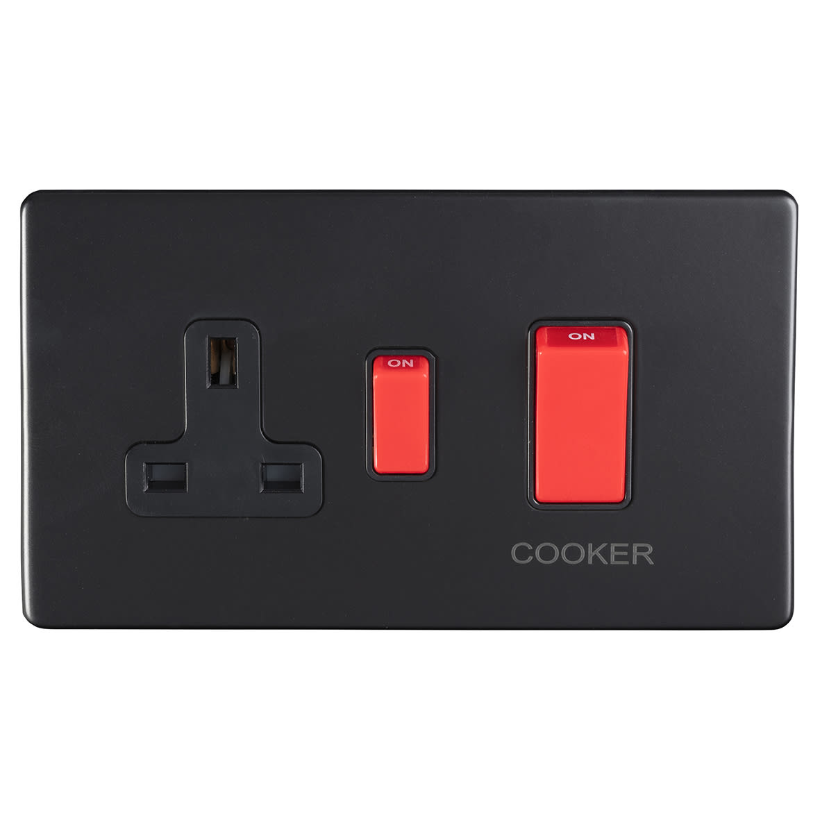 Concealed 45A 2 Gang DP Cooker Switch & 13A Switched Socket - Matt Black/Black