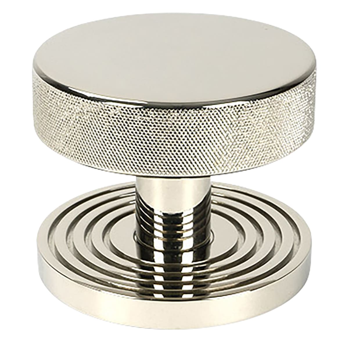 Brompton Polished Nickel Round Knurled Centre Door Knob on Beehive Rose - 90mm Rose Diameter
