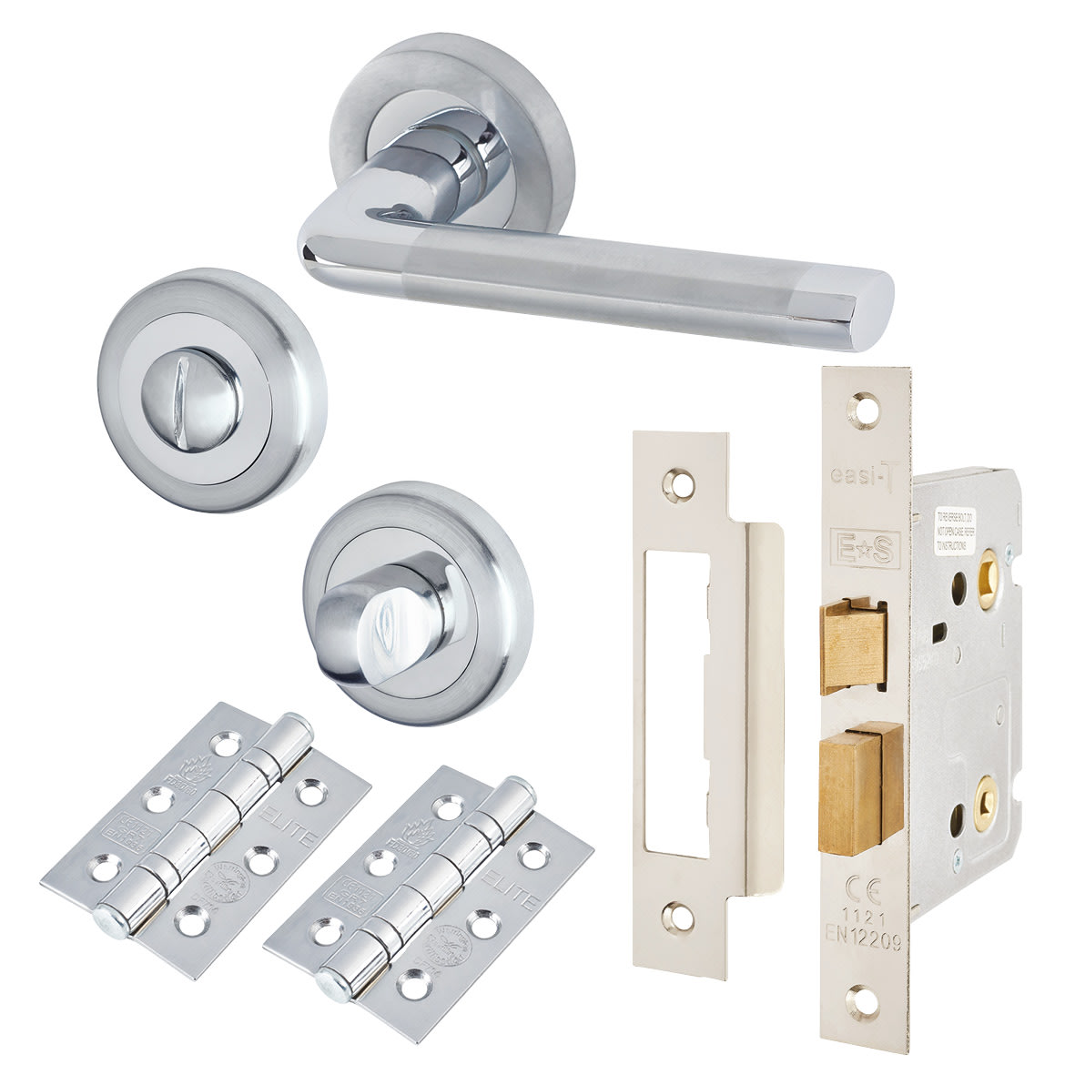 Polished/Satin Chrome Bathroom Lock Door Handles on Rose Pack - Belmonte Range