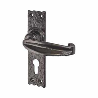 Metalized Antique Black Iron Tudor Euro Lock Door Handles - 159 x 38mm