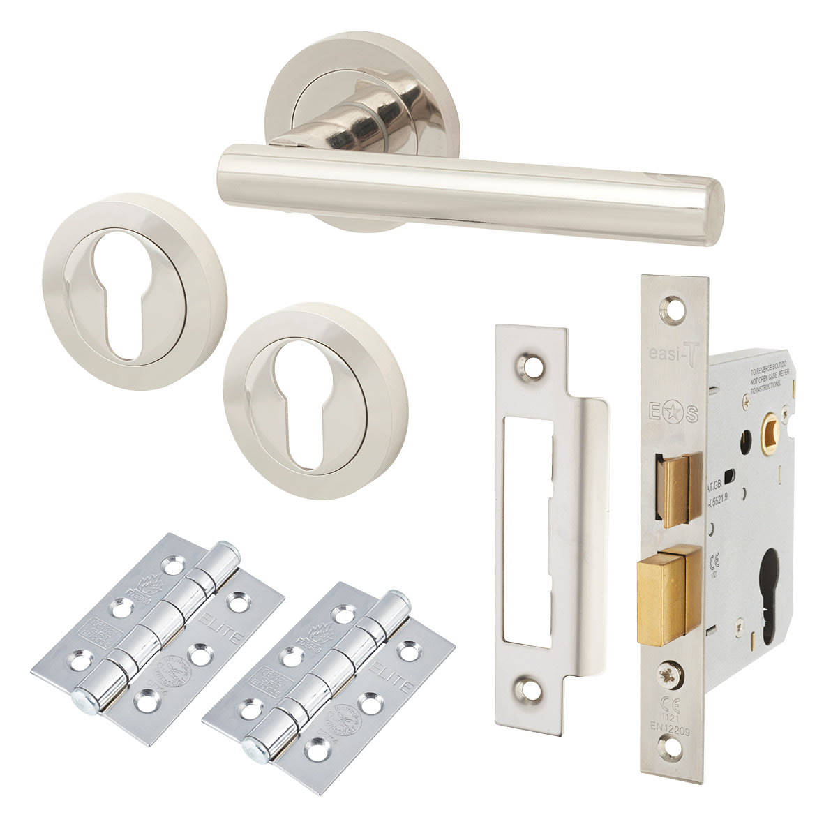Polished Nickel Euro Lock Door Handles on Rose Pack - Ella Range