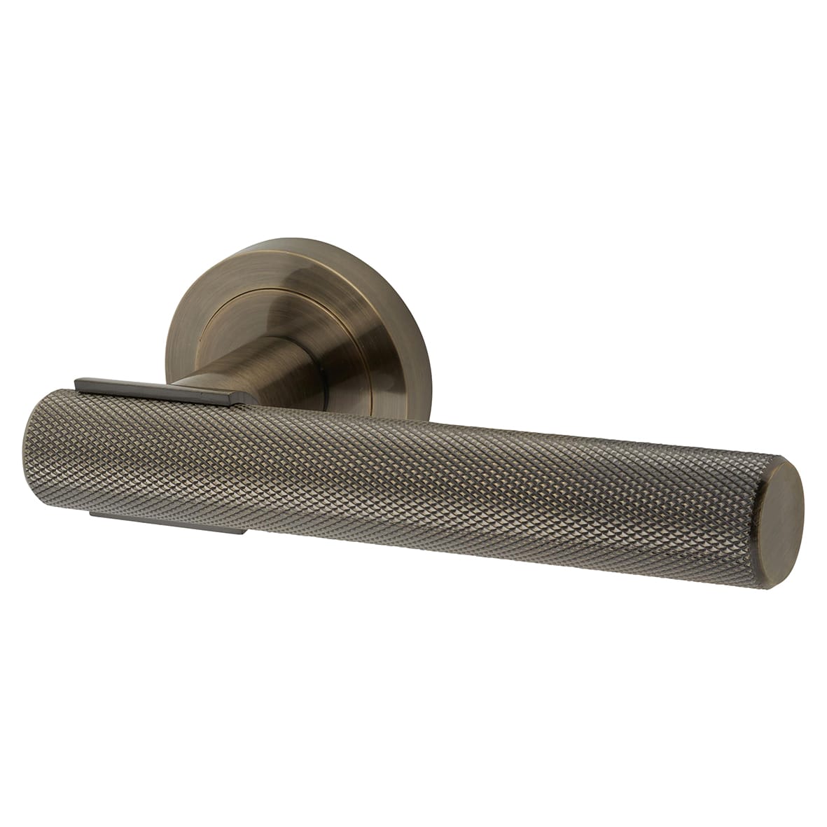Antique Brass Knurled Door Handles on Round Rose - Orla Range