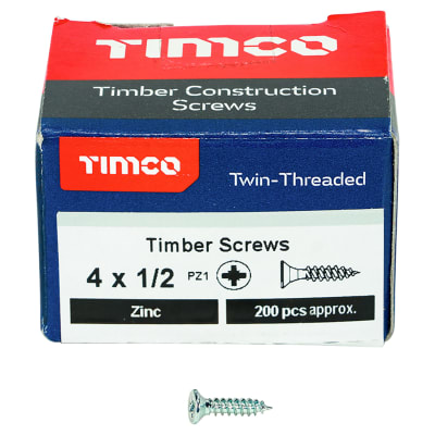 Twin Threaded Pozi Countersunk Wood Screws - 4 x 1/2" - Zinc Plated - Pack of 200
