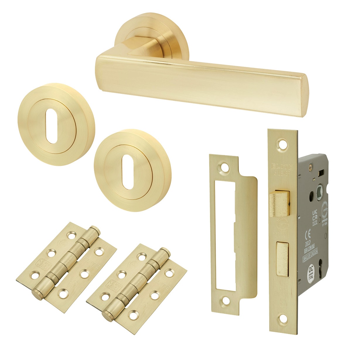 Satin Brass 3 Lever Sashlock Door Handles on Rose Pack - Zara Range
