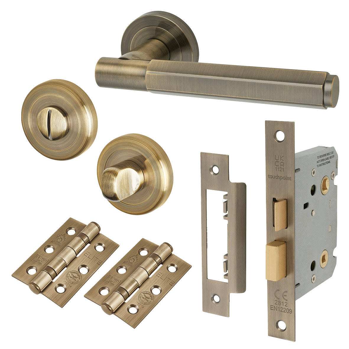 Antique Brass Hexagonal Bathroom Lock Door Handles on Rose Pack - Juno Range