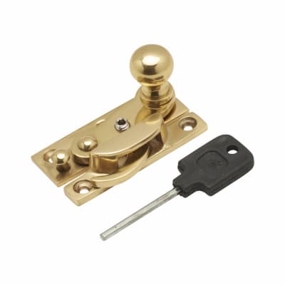 Narrow Keep Locking Hook Claw Sash Window Fastener with Knob - 63 x 20mm - Polished Brass